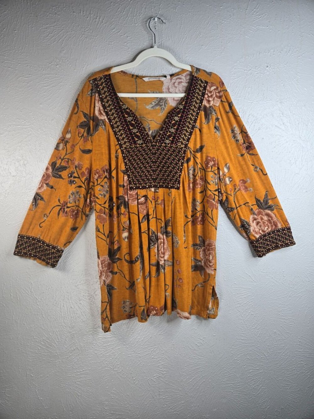 Soft Surroundings Embroidered Boho Tunic Blouse Top 2X Floral Flowy Artsy Shirt